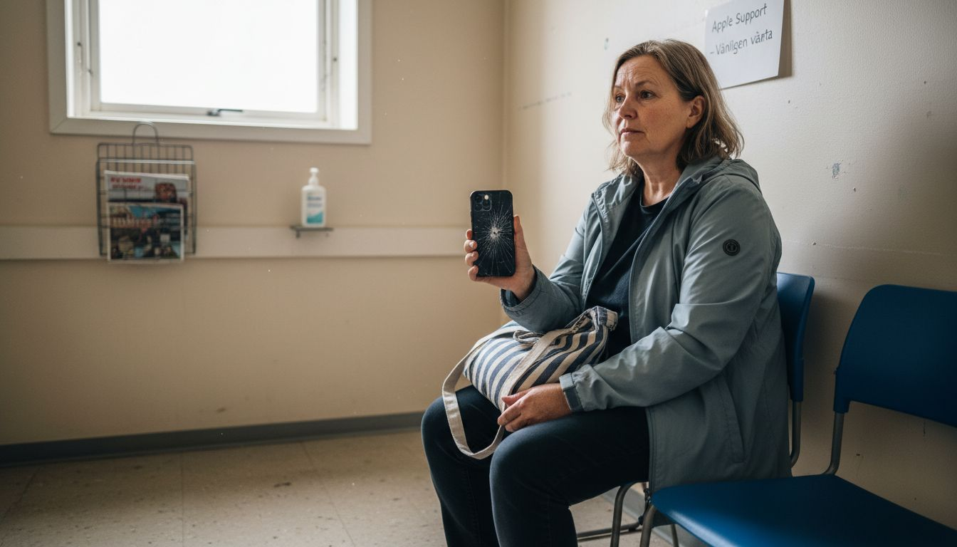 En kvinna sitter och väntar med sin trasiga iPhone i handen.