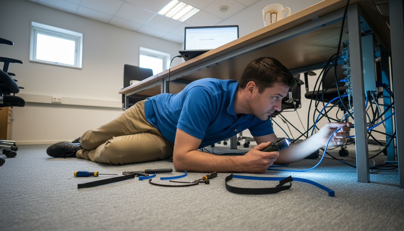 En IT-tekniker ligger på knä under bordet och drar nätverkskabeln på plats.