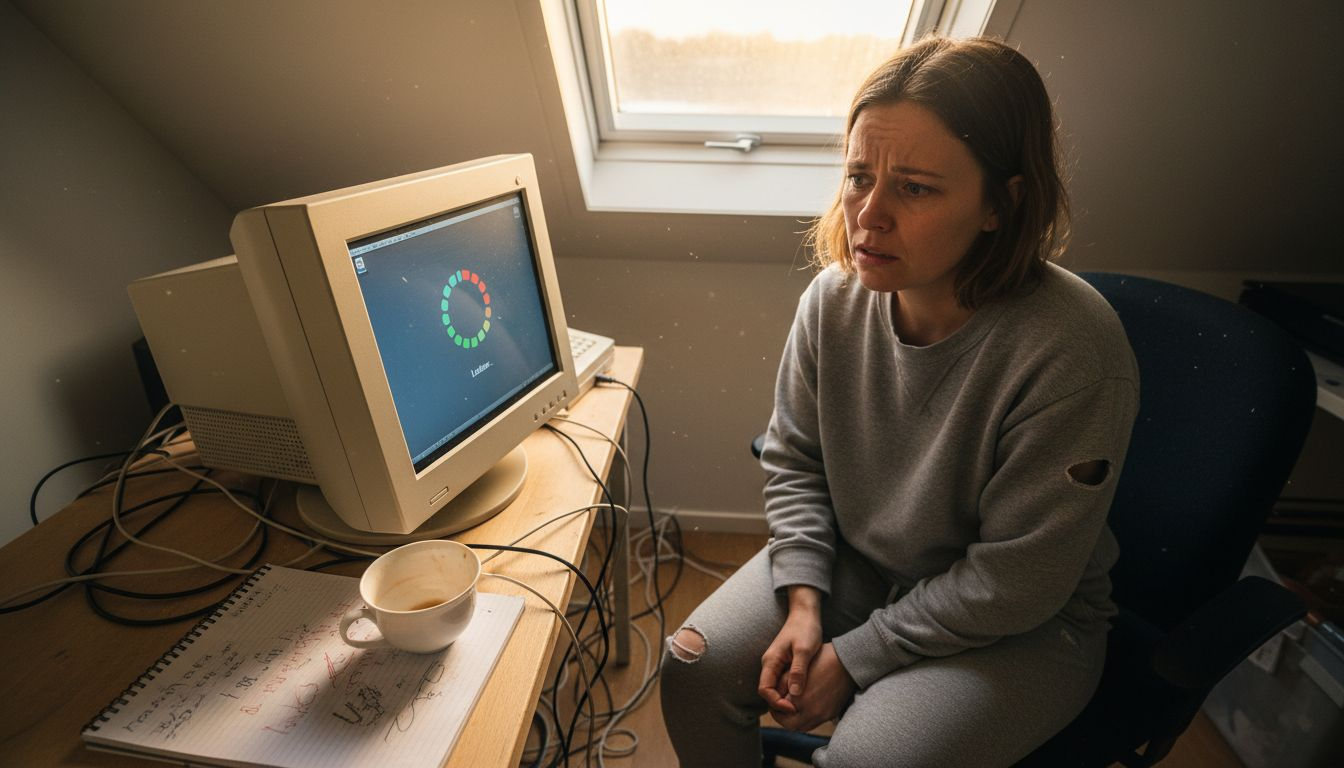 Kvinna suckar irriterat över sin sega, gamla Mac-dator