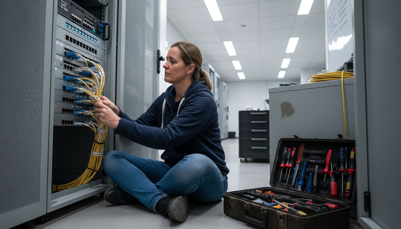 IT-specialist sätter ordning på Unifi-nätverkets patchpanel