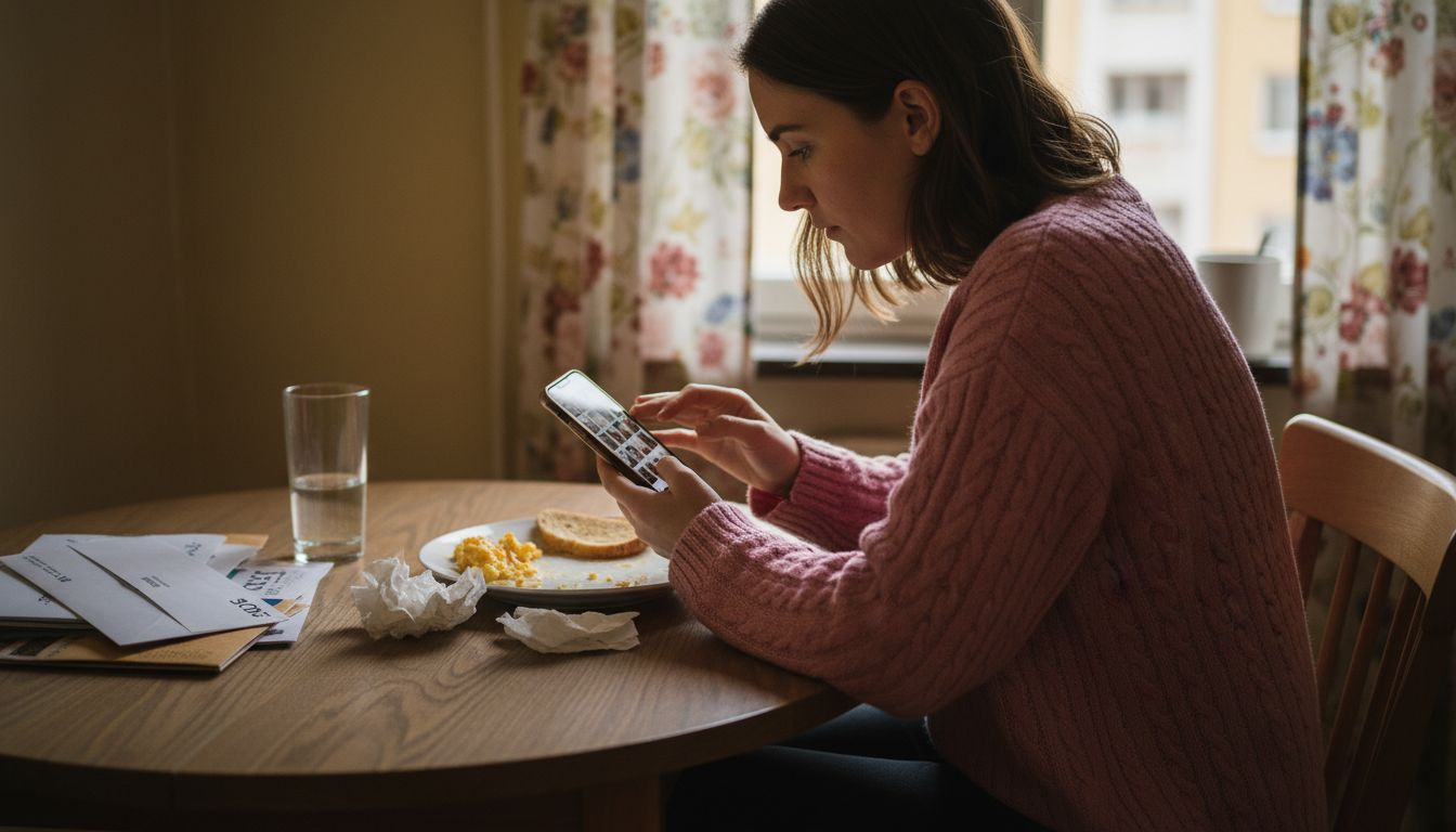Kvinna sitter vid köksbordet och rensar bilderna på sin iPhone
