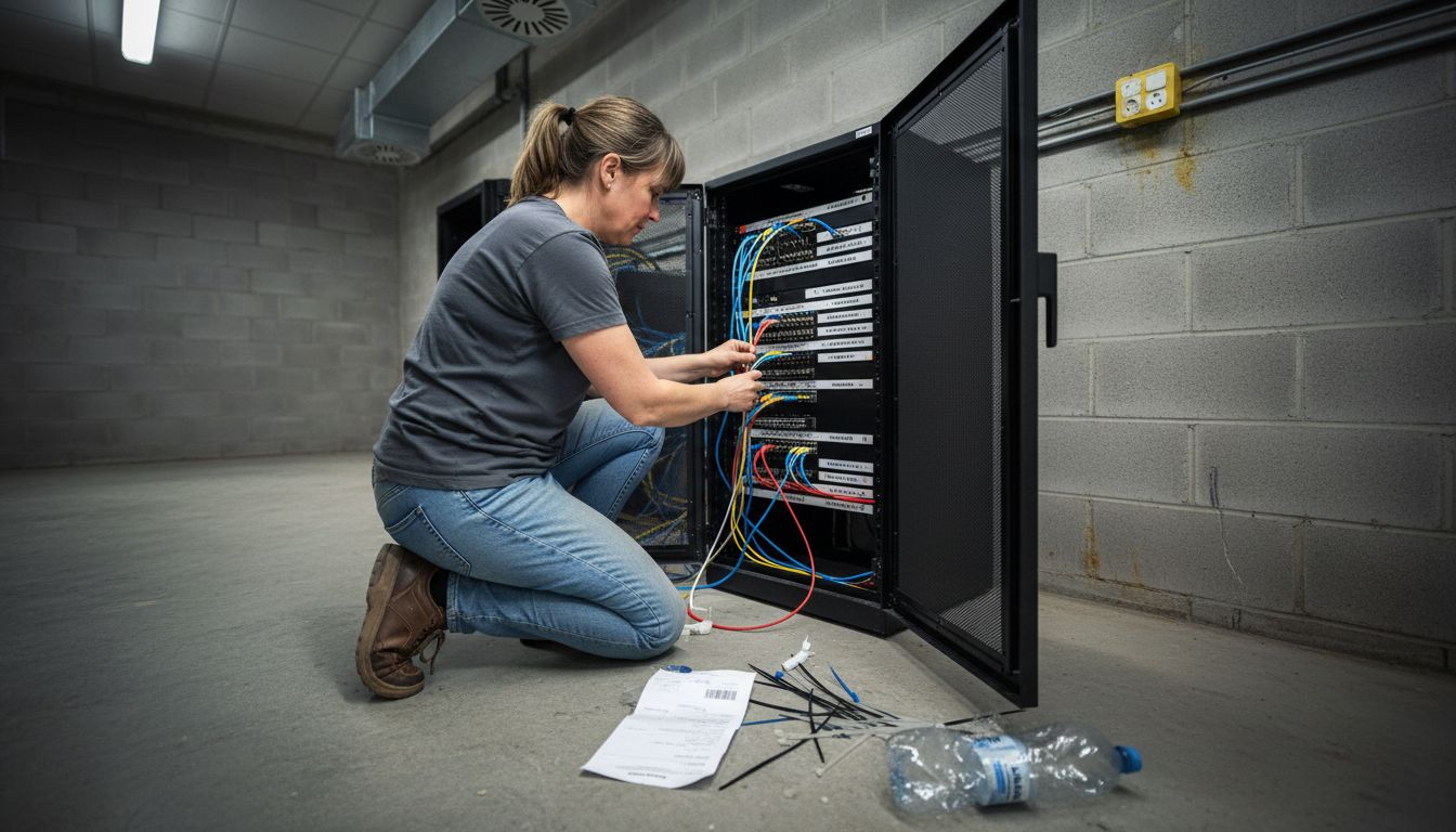 En tekniker installerar nätverkskablar i ett serverrack.