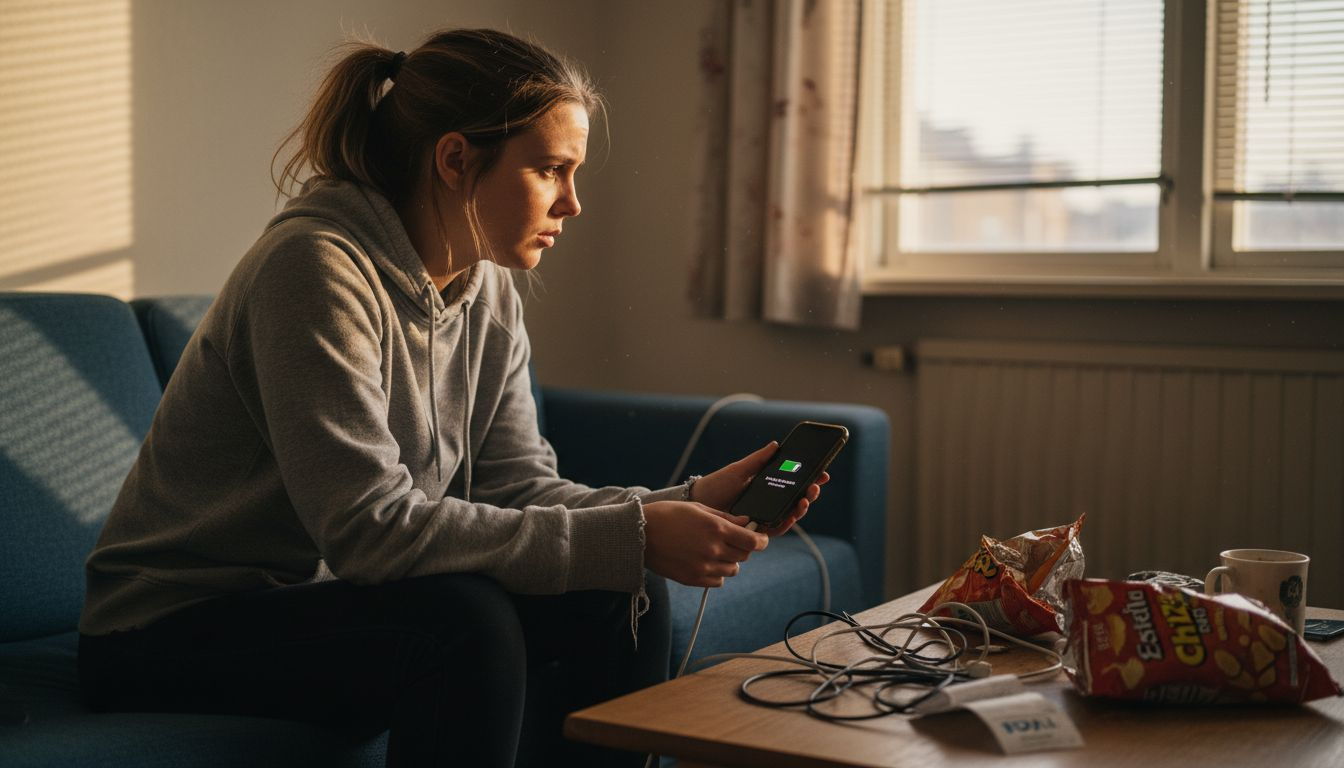Kvinna laddar sin iPhone som krånglar med batteriet.