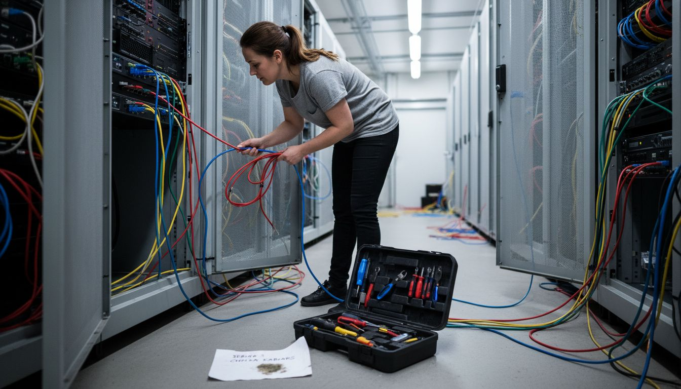 En tekniker går igenom serverracken och ser över nätverksutrustningen.