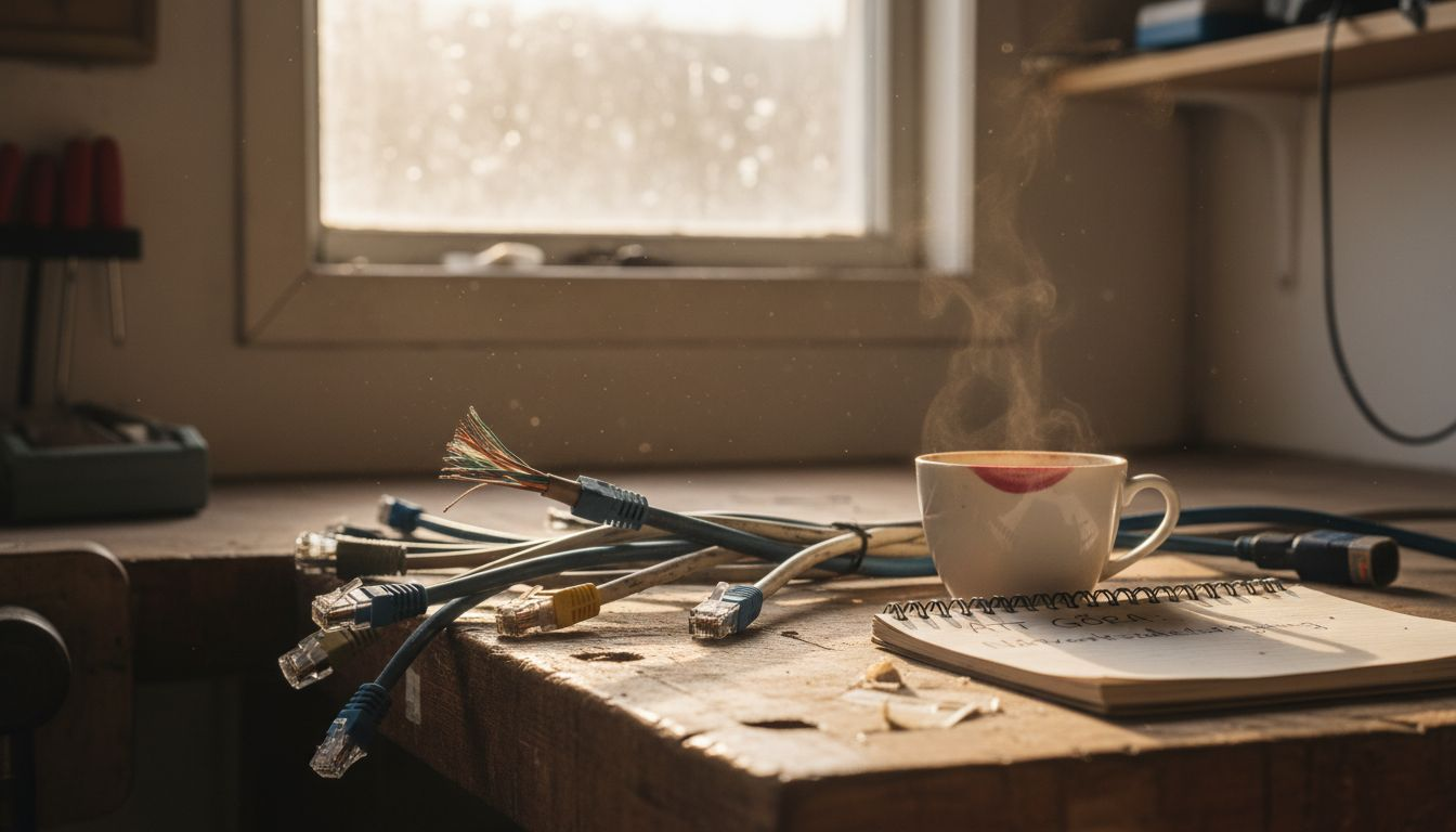 Närbild på olika nätverkskablar uppradade på arbetsbänken