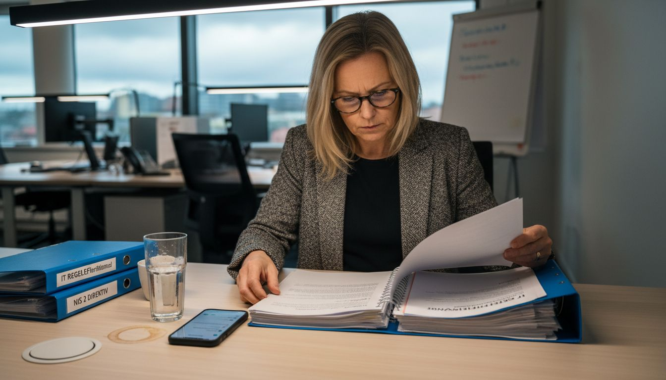 Kvinna granskar IT-regelefterlevnad vid sitt skrivbord