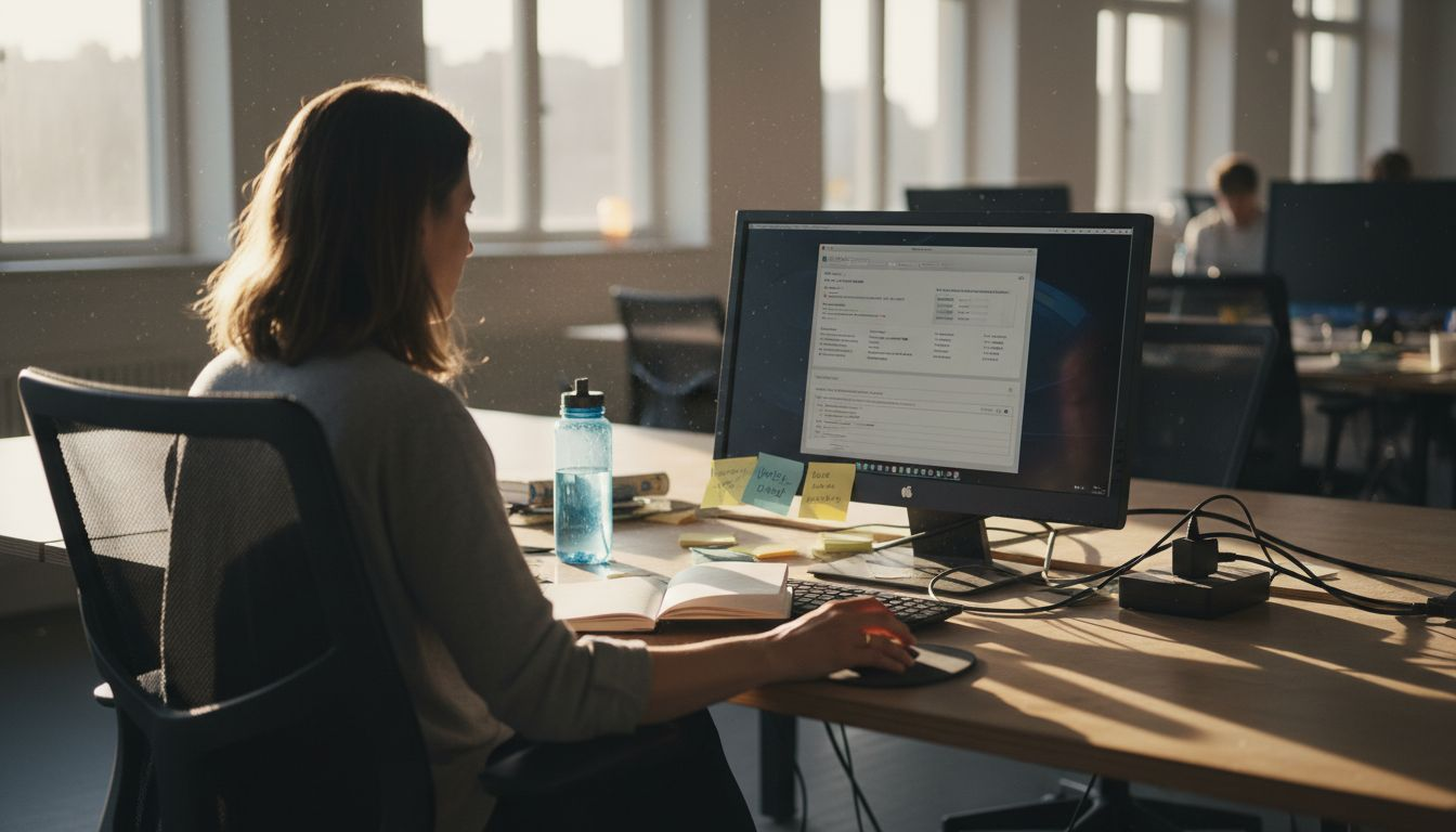 En kvinna sitter vid sitt skrivbord och kör diagnostik på sin Mac.