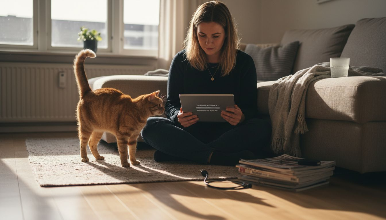 En kvinna sitter i vardagsrummet och uppdaterar sin iPad.