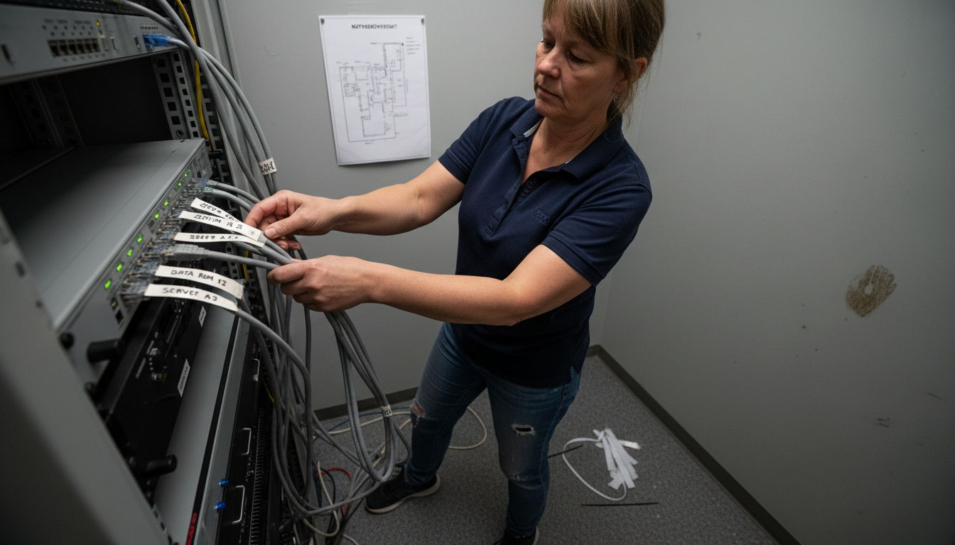 En kvinna kopplar in en VLAN-switch och organiserar nätverkskablar.