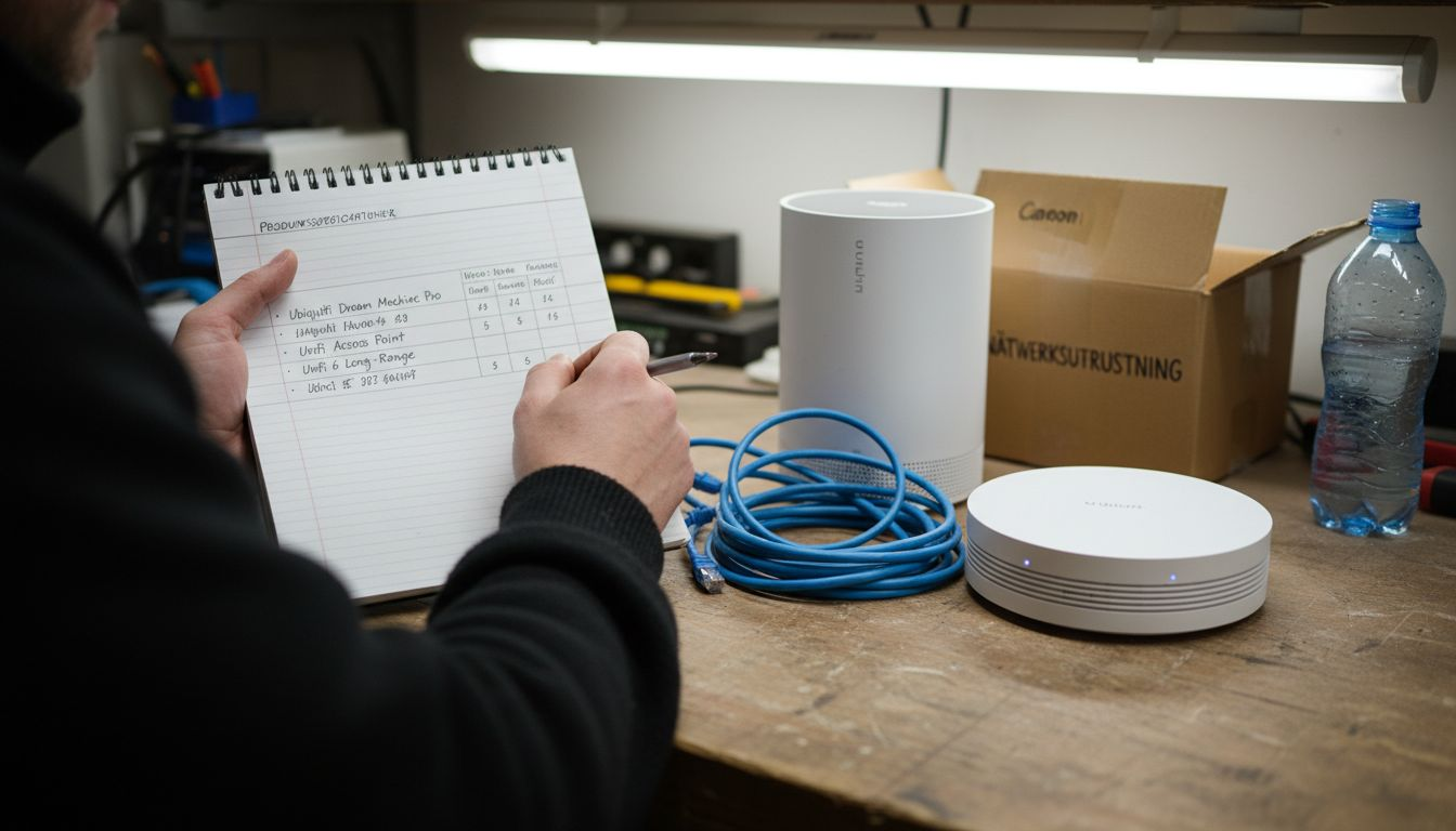 Ubiquiti Dream Machine och accesspunkt uppställda på arbetsbänken