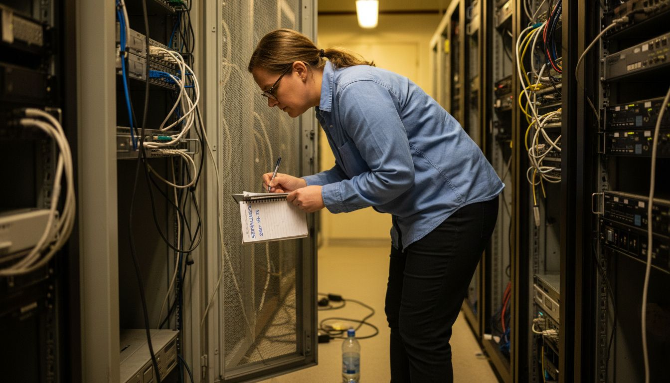 En IT-expert genomför en säkerhetsgranskning vid serverracken.