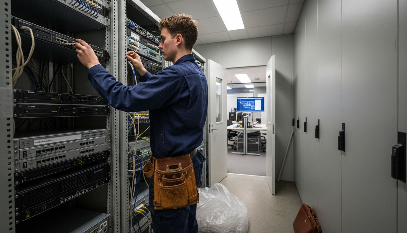 En tekniker installerar nätverksutrustning i serverrummet.