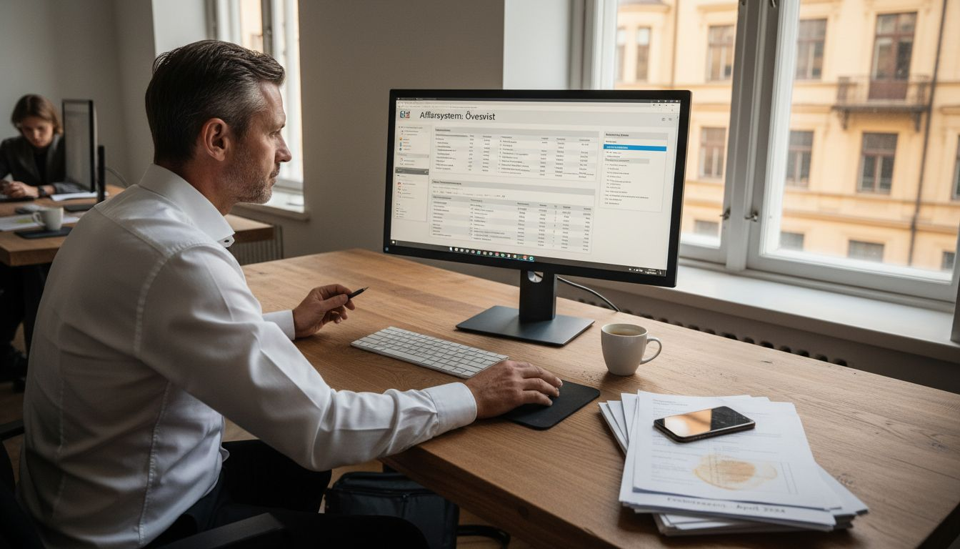 Företagsledare använder affärssystem i sitt dagliga arbete på kontoret.
