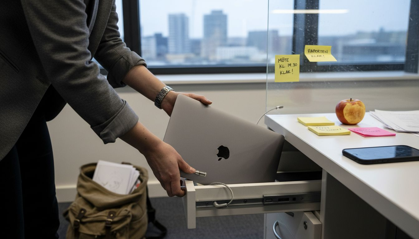 En kvinna låser in sin MacBook i skrivbordslådan på kontoret.