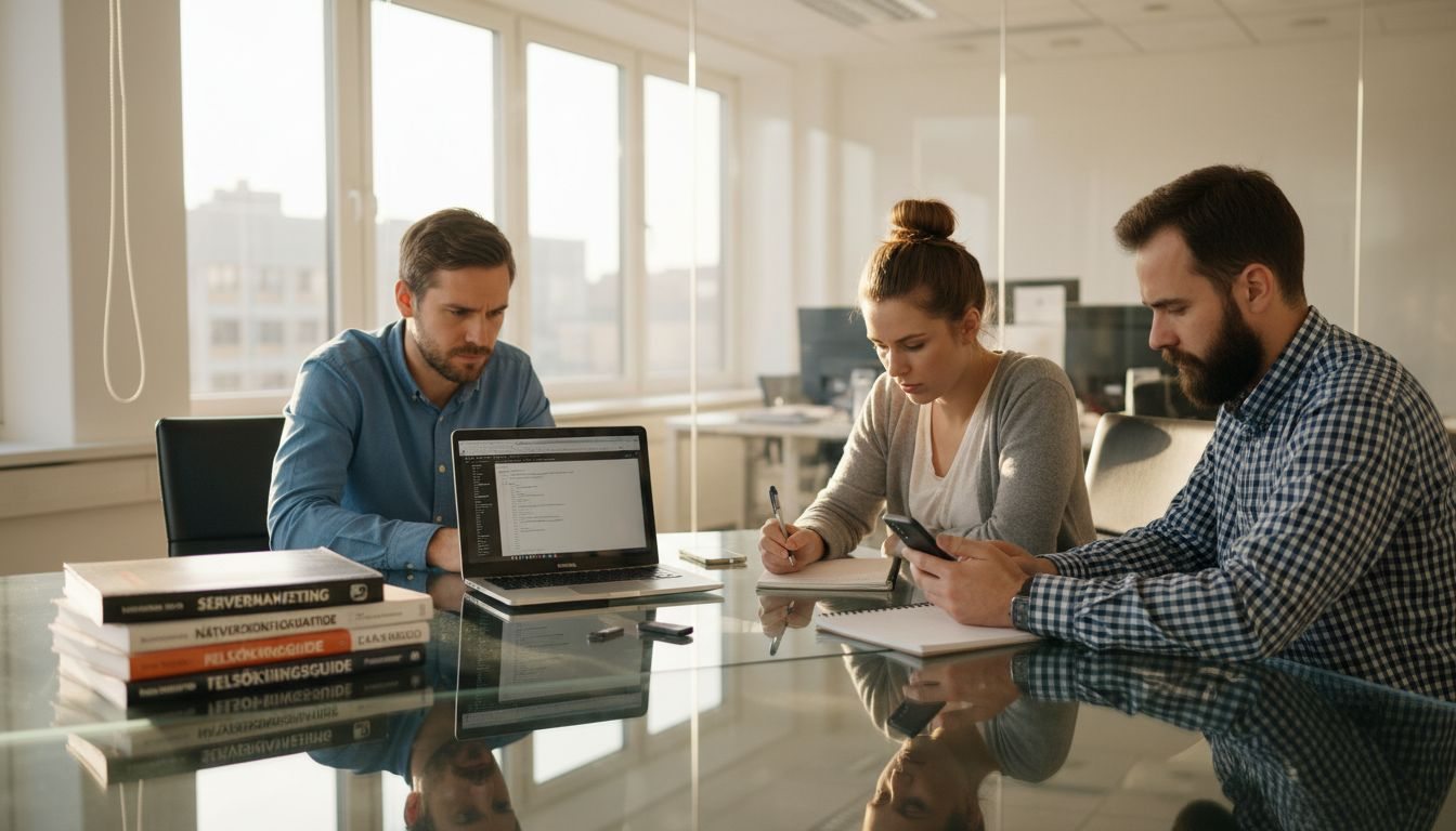Ett IT-team samlas runt konferensbordet för att lösa tekniska problem tillsammans.