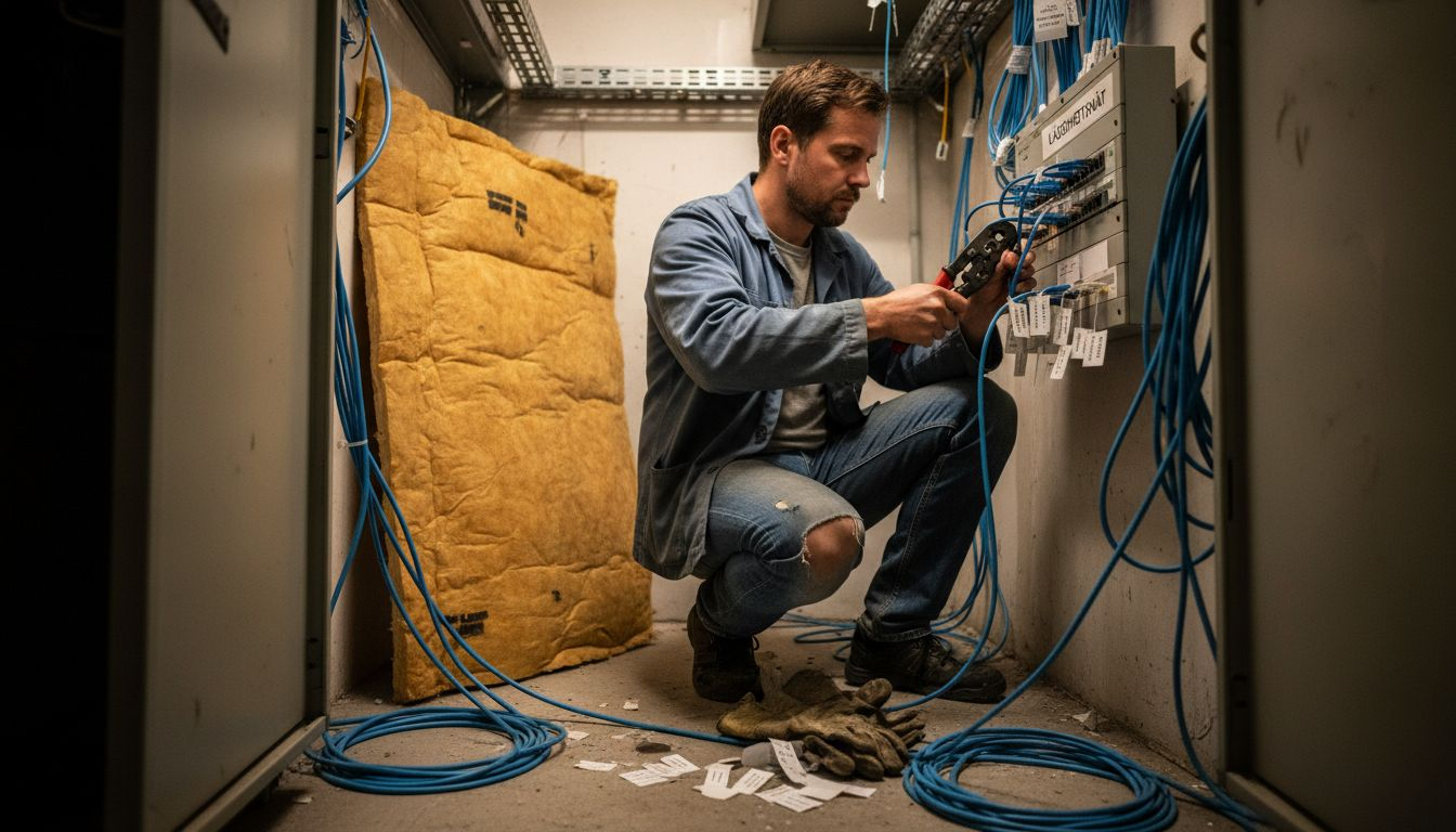 En tekniker drar nätverkskablar i serverrummet på företaget.