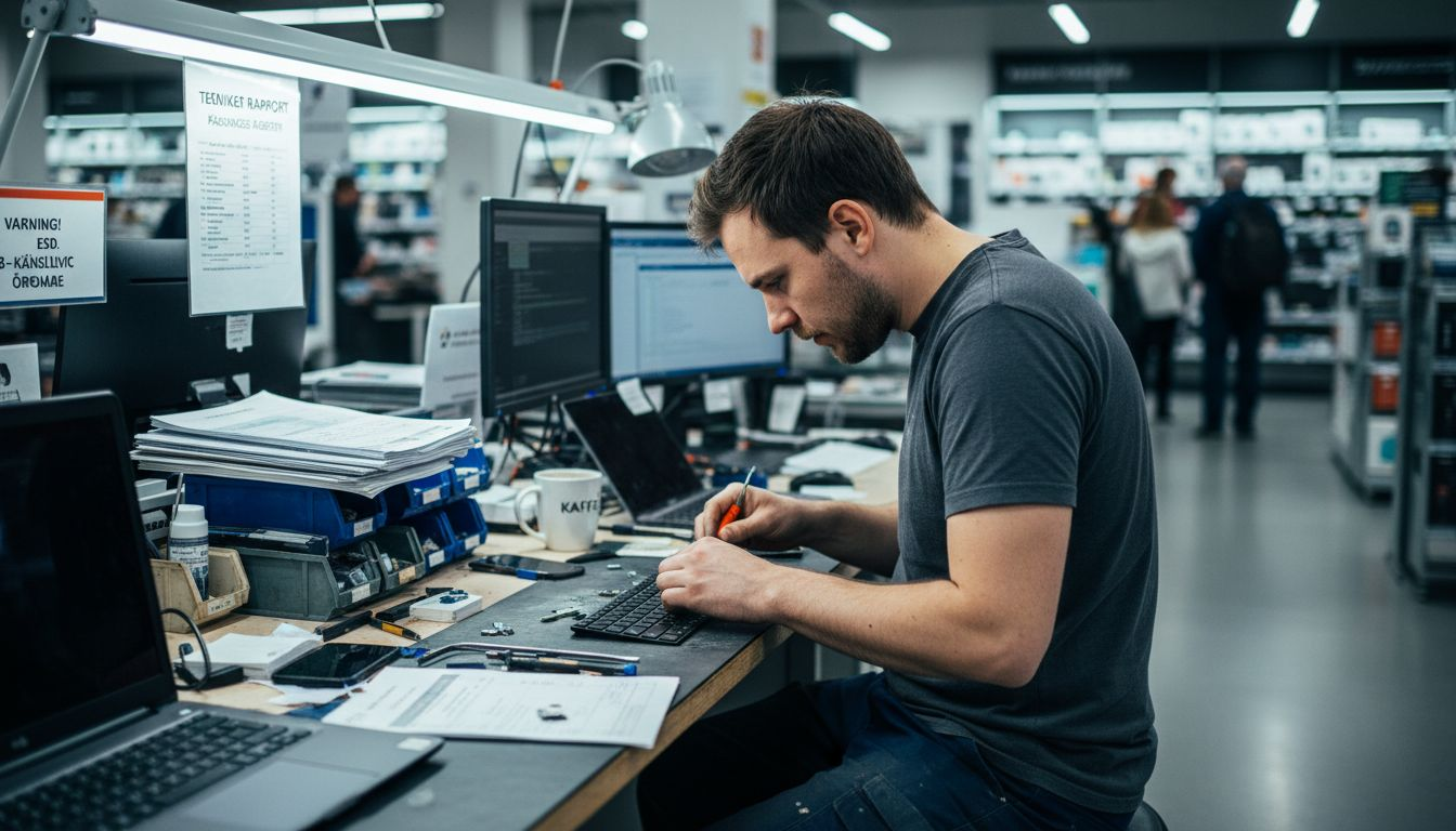 Apple-expert som hjälper kunder vid servicebordet