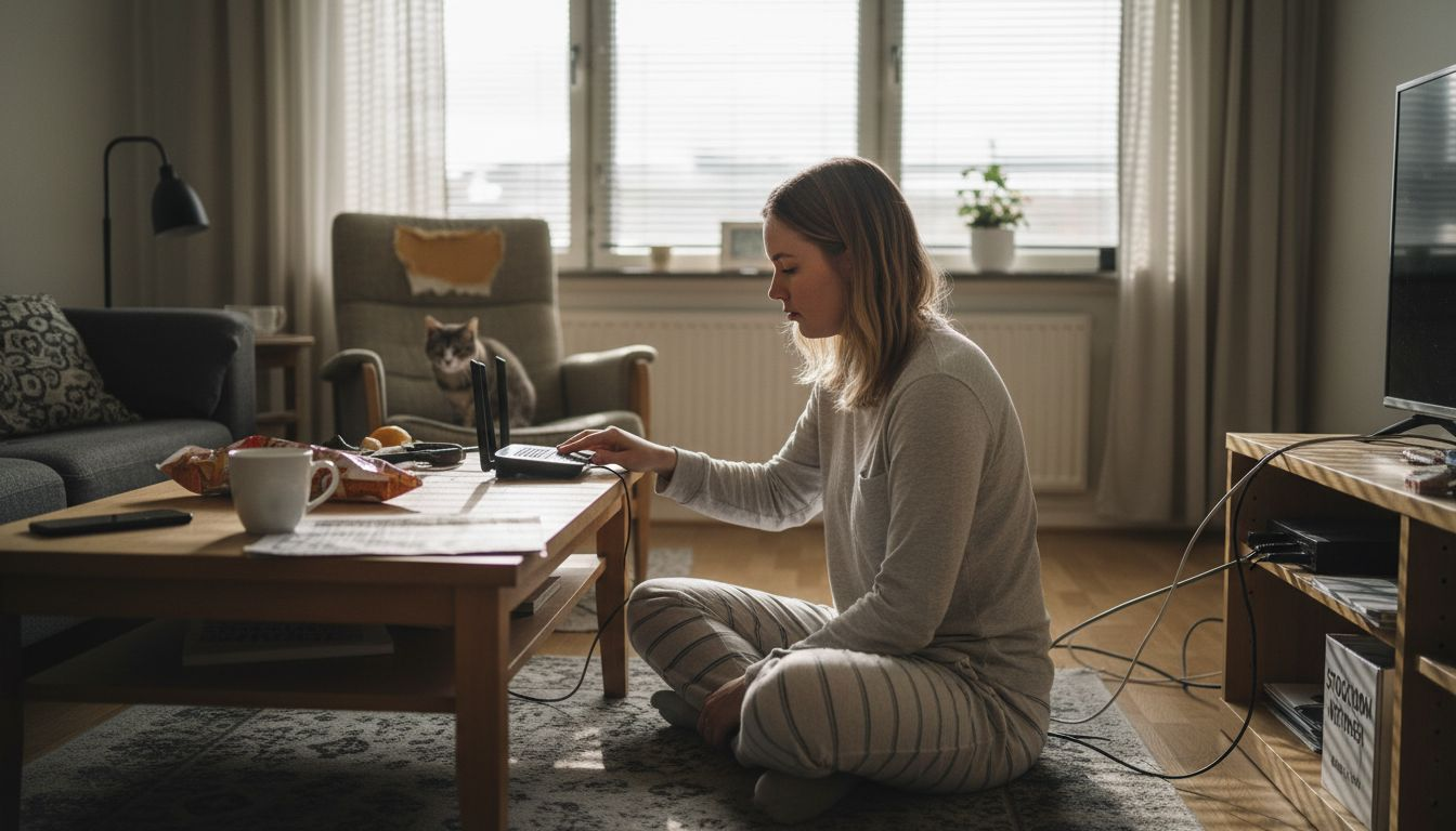 Varför Wifi-lösningar är avgörande för Stockholm 2 Kvinna i Stockholm sköter hemmets wifi-router