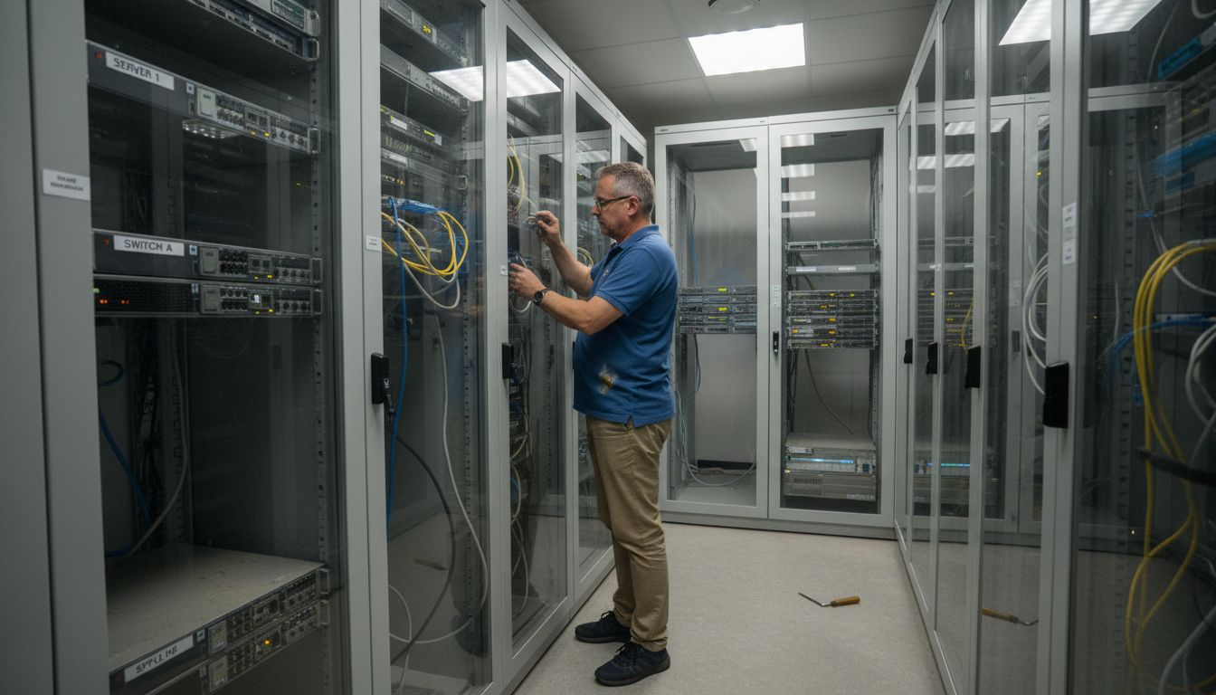 Nätverkssäkerhet – Så skyddar du företaget effektivt 2 En tekniker går igenom kablarna inne i serverrummet för att kontrollera att allt fungerar som det ska.