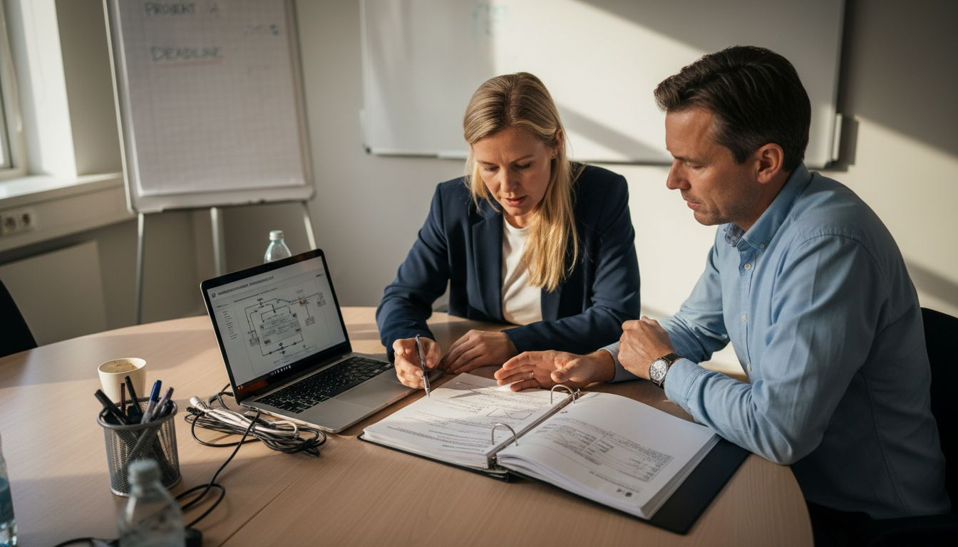 Två kollegor sitter vid ett konferensbord och pratar om nätverkande.