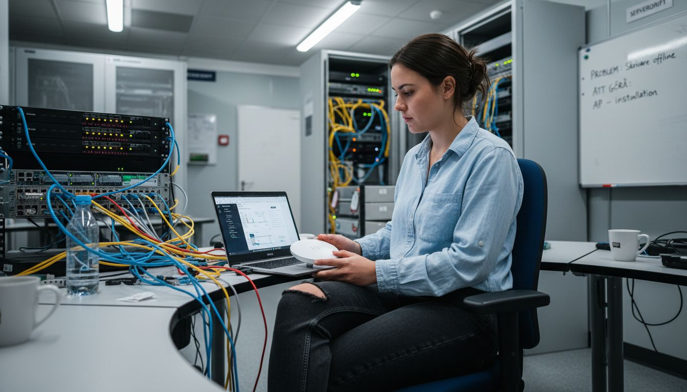 IT-administratören installerar en UniFi-accesspunkt i serverrummet.