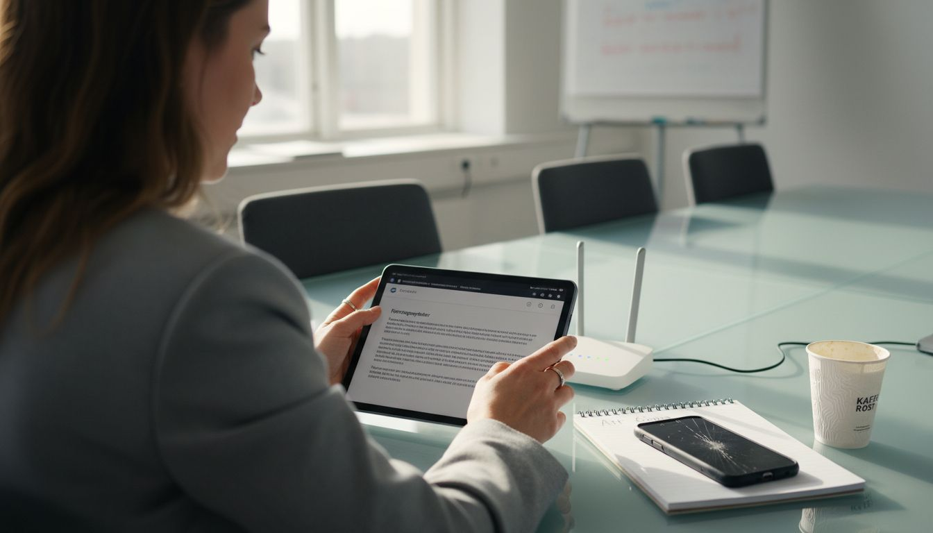 Varför säkert wifi skyddar ditt företag 1 En kontorsanställd undersöker om det finns några säkerhetsrisker med wifi-uppkopplingen.