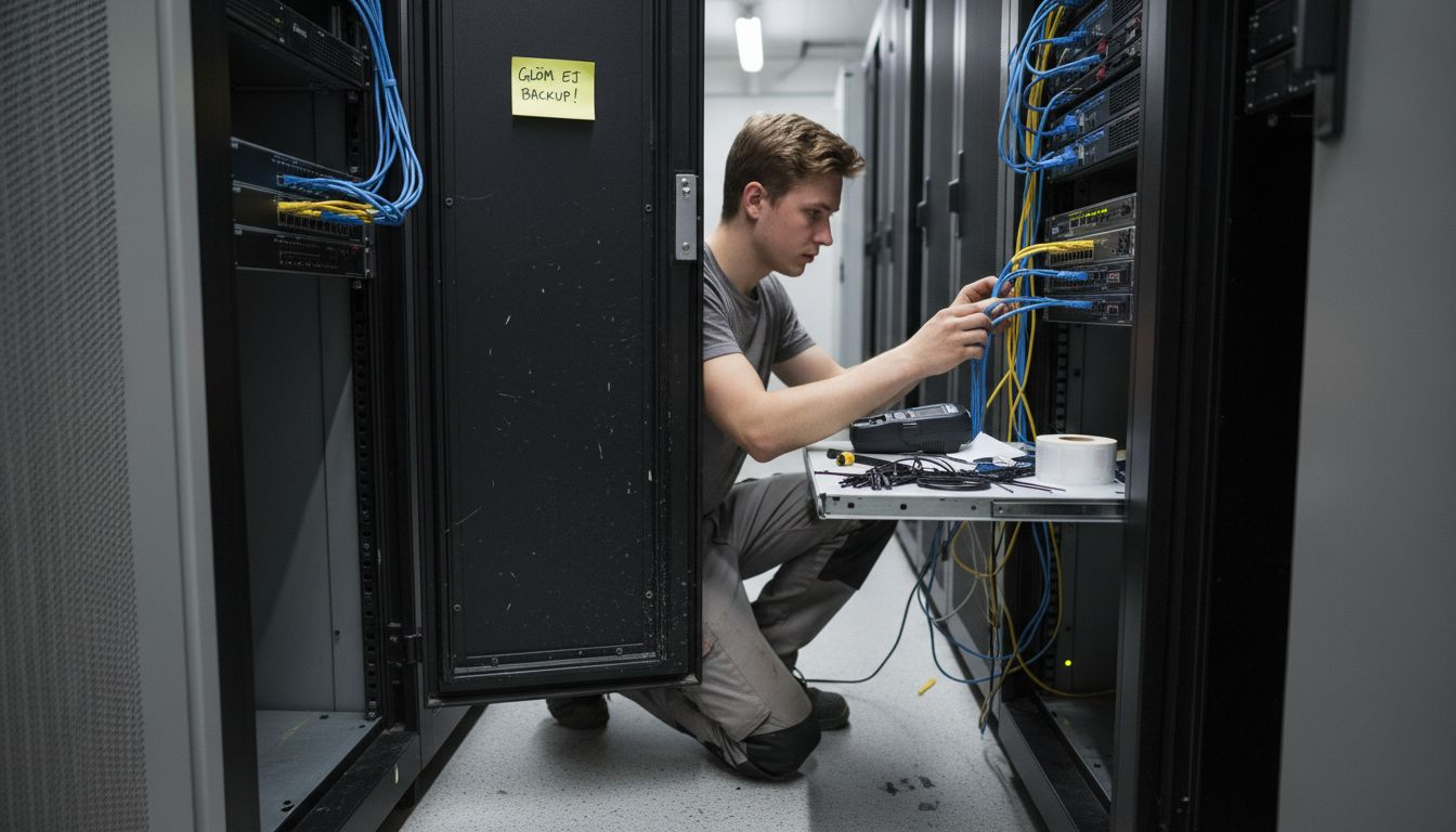 En tekniker ser till att kablarna är snyggt och prydligt dragna i serverrummet.