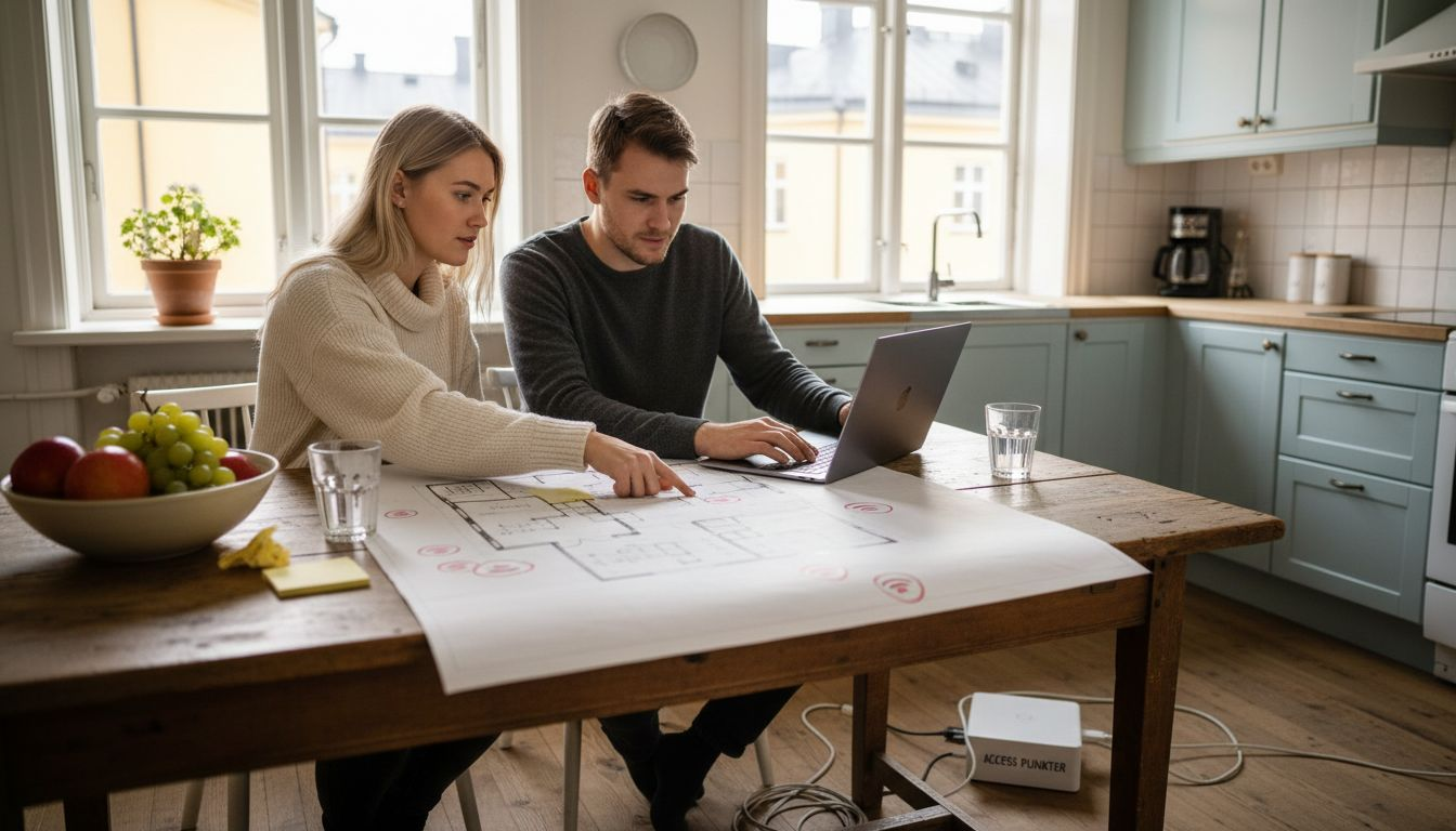Optimering av trådlöst nätverk hemma med Ubiquiti Unifi 1 Par som funderar på var de ska placera wifi-routern hemma