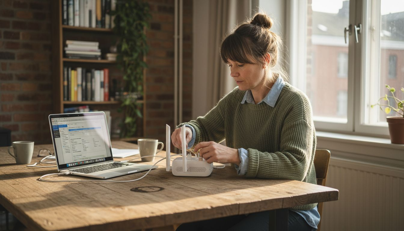 En kvinna felsöker nätverksutrustning från Apple.