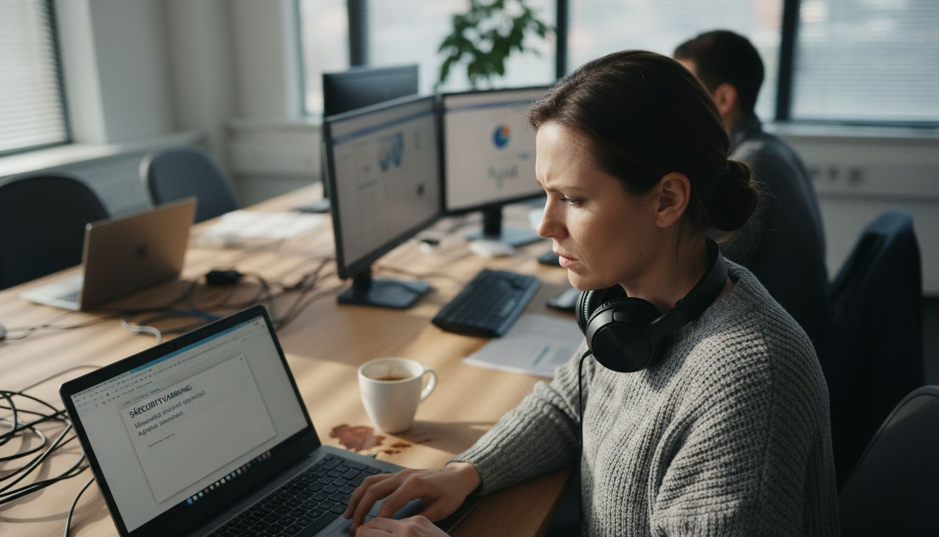 Kvinna undersöker cybersäkerhetslarm på arbetsplatsen