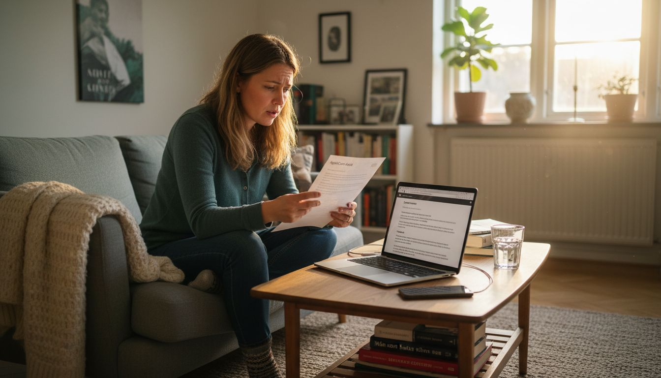 En kvinna sitter vid sin MacBook och läser igenom AppleCare-dokumenten.