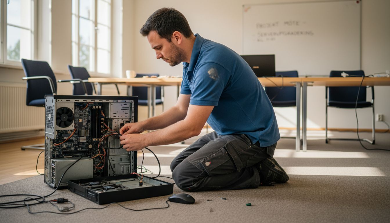 En IT-tekniker håller på att undersöka en dator som krånglar inne i konferensrummet.