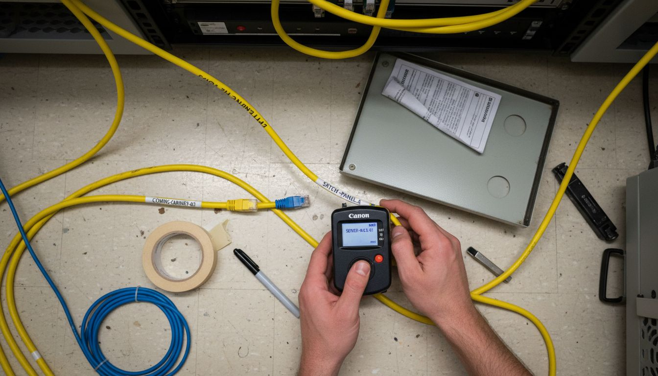 How to Install Unifi Network for Reliable Connectivity 1 Hands labeling ethernet cables in server room