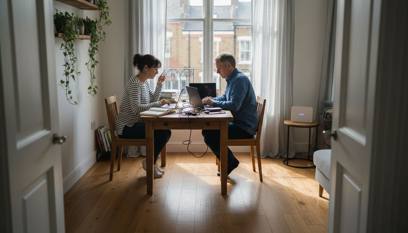 Couple using WiFi at apartment table