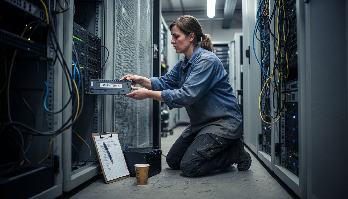 En IT-specialist ser till att säkerhetskopieringen fungerar som den ska i serverrummet.