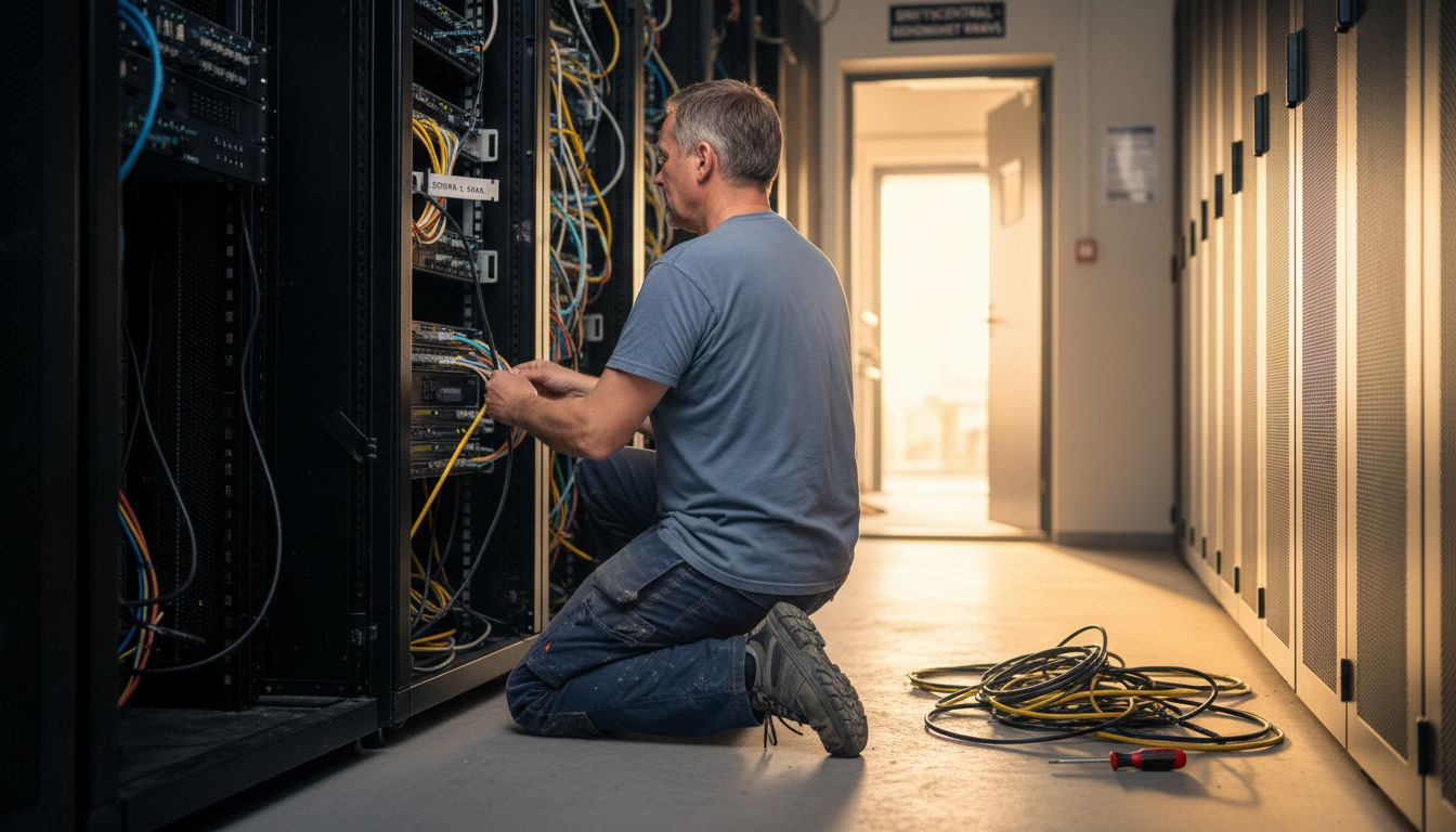 Installatören drar fram och strukturerar nätverkskablar på ett snyggt och ordnat sätt.