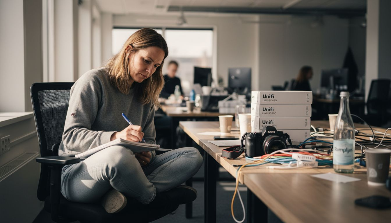 Säker nätverkskonfiguration workflow för Unifi-system 1 Kvinna som noggrant går igenom och dokumenterar hur man installerar en Unifi-enhet steg för steg.