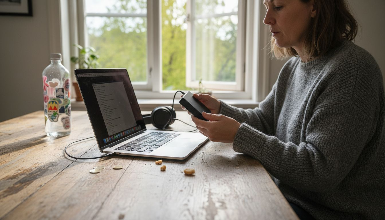 En användare ansluter en extern hårddisk till sin Mac.