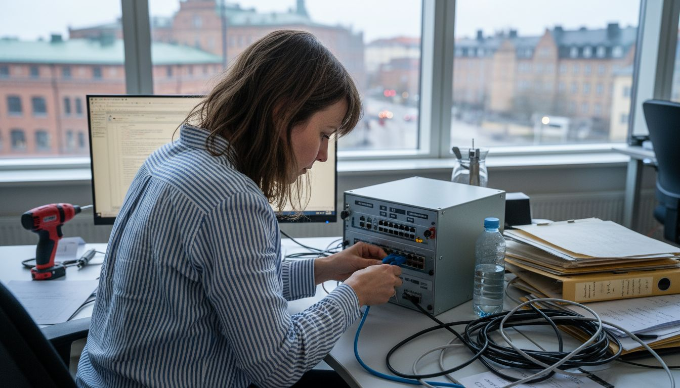 En kontorsanställd kopplar in nätverksutrustning och drar kablar på arbetsplatsen.