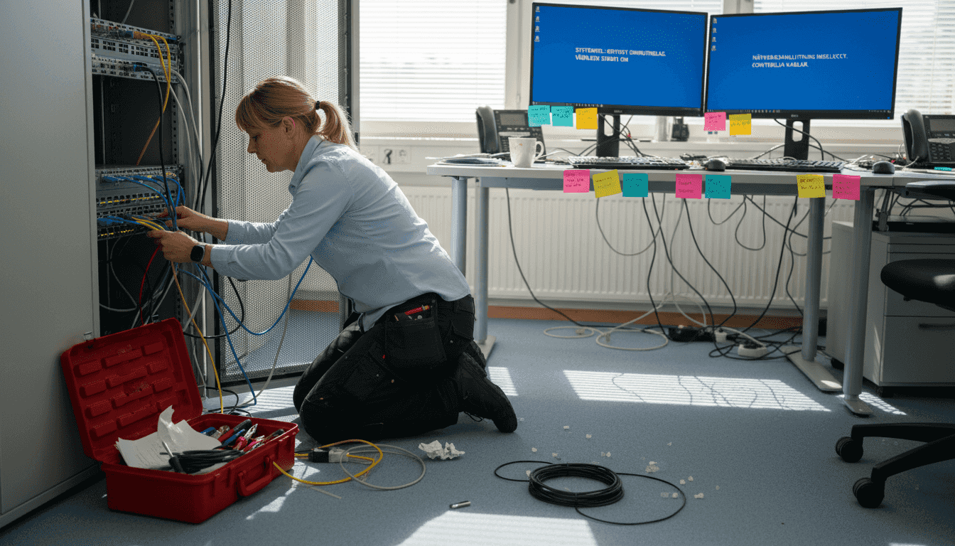 Nätverksproblem – Så påverkas din vardag 2 IT-tekniker som åtgärdar nätverkskablar på kontoret