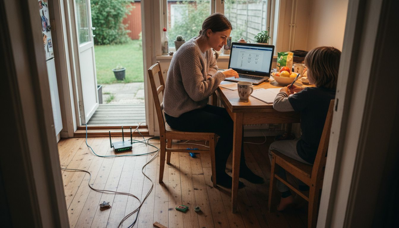 Familjen samlad runt laptopen, uppkopplade på hemmets trådlösa nätverk