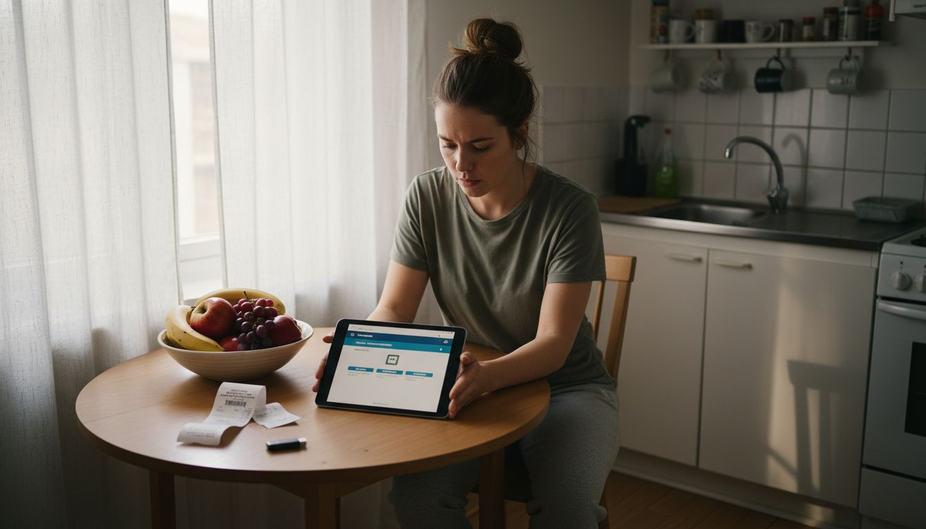 Kvinna sitter vid köksbordet och krypterar sin Apple-enhet