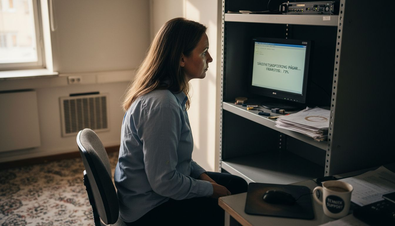 Roll av servrar i småföretag – Effekt, säkerhet och tillväxt 2 En tekniker går igenom säkerhetskopiorna på kontorets server.