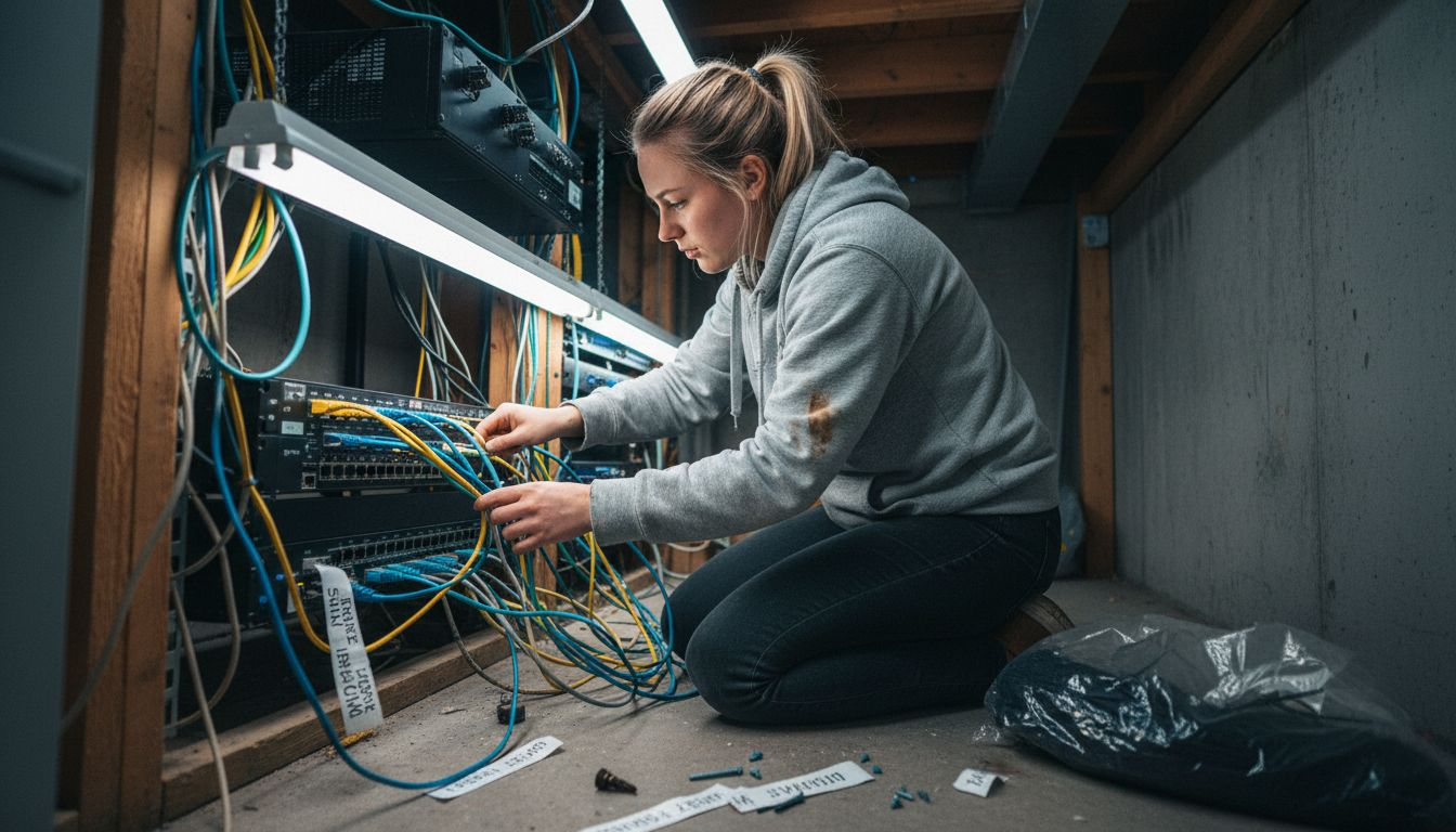 Nätverksstrukturering – Grunden till ett säkert Unifi-nätverk 1 En tekniker granskar kablarna inne i serverrummet.