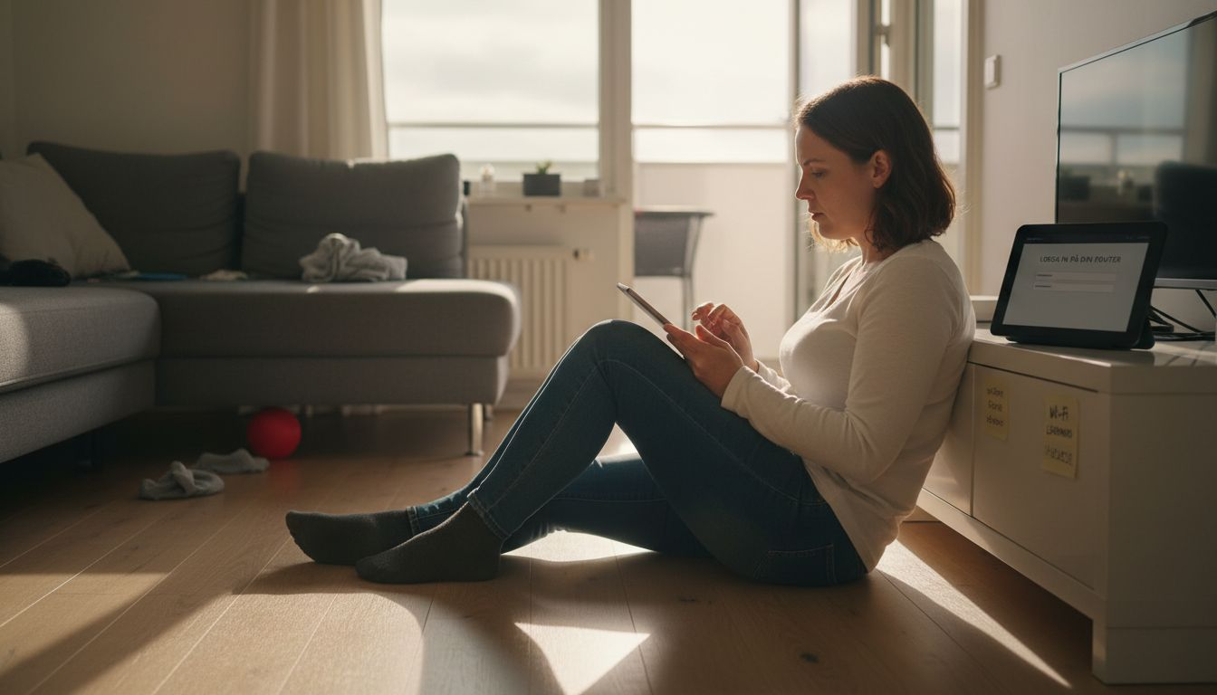 En kvinna sitter i vardagsrummet och konfigurerar routerns säkerhetsinställningar.