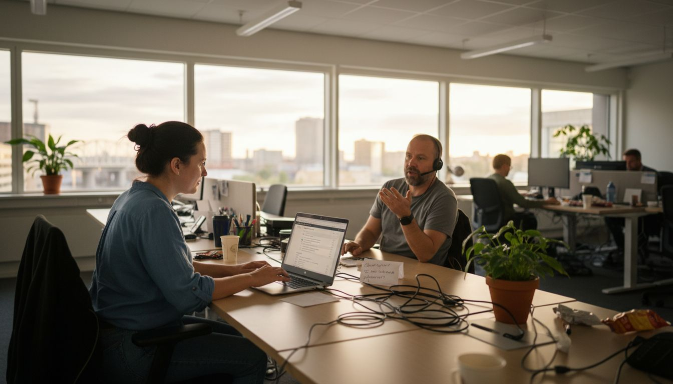 IT-supportteamet samarbetar och löser problem tillsammans vid ett gemensamt skrivbord på kontoret.