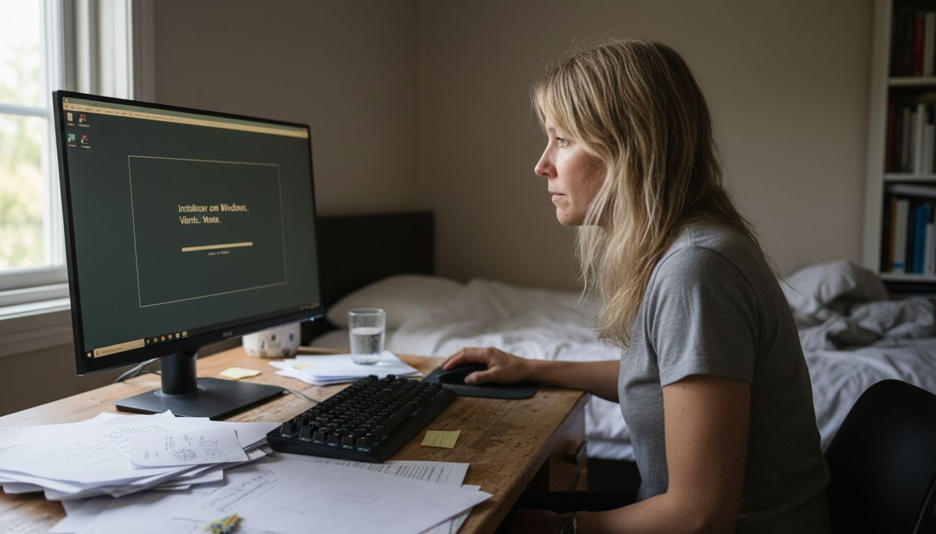 En kvinna påbörjar ominstallation av Windows hemma vid datorn.