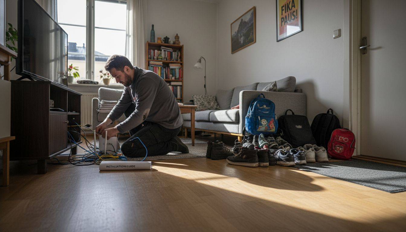 En tekniker håller på att dra nätverkskablar i vardagsrummet.