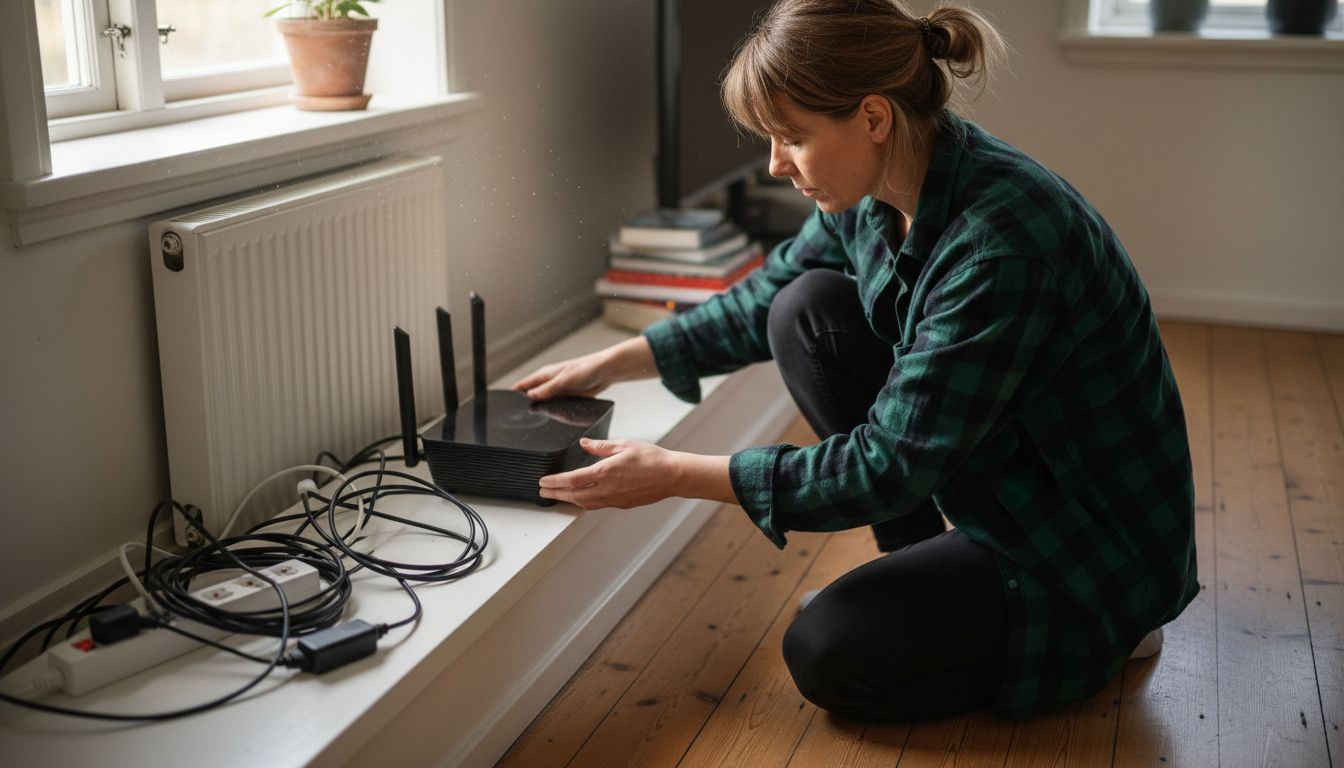 Guide nätverksinstallation hemma – steg för steg till säkert nätverk 2 En kvinna ställer sin router på en hylla hemma.