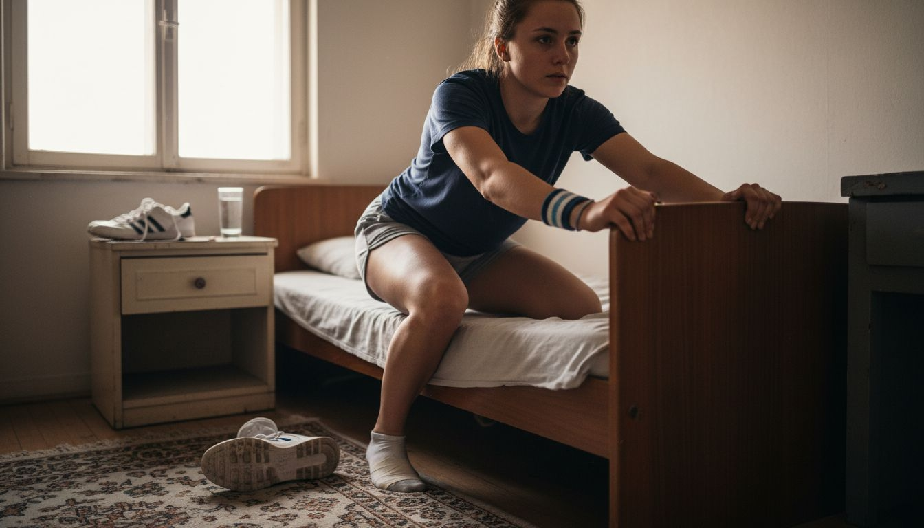 En kvinna gör rehabiliteringsövningar hemma, intill sängen.